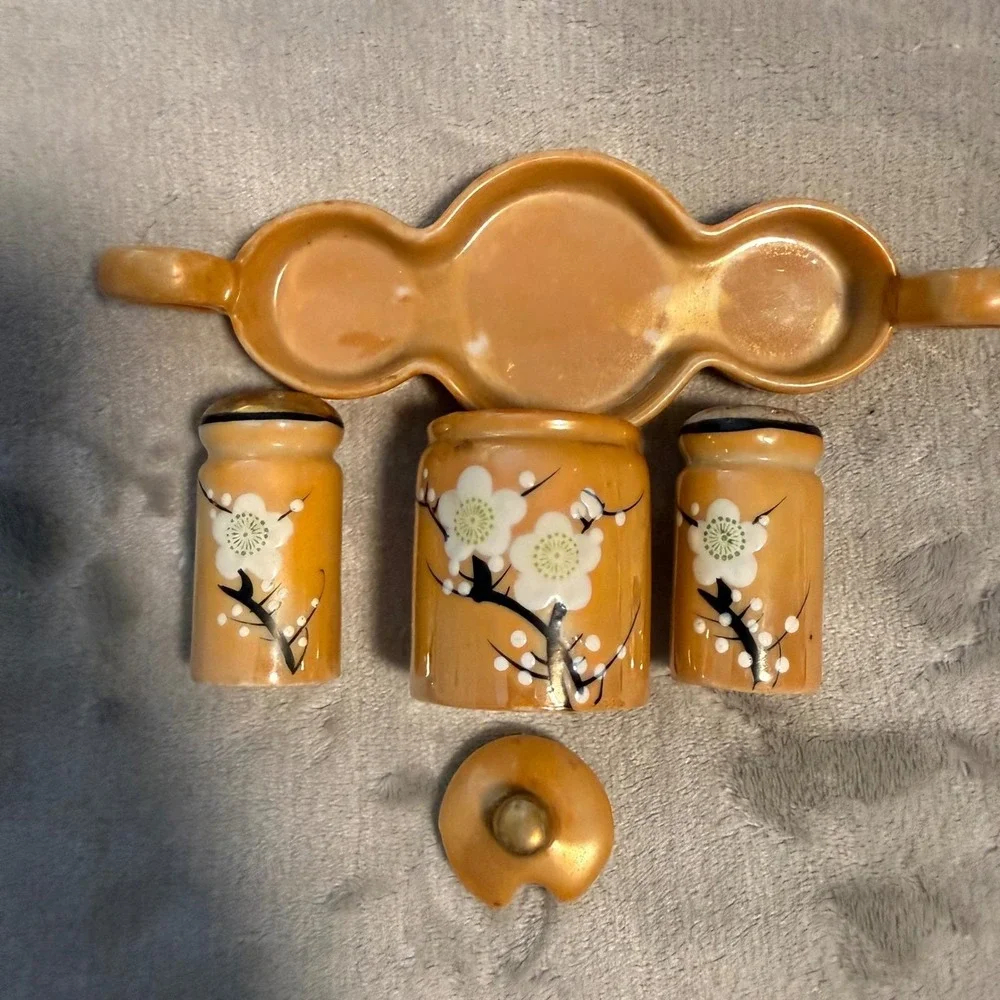 Vintage Japanese Lusterware Condiment Set Cherry Blossom Tray Made‎ in Japan